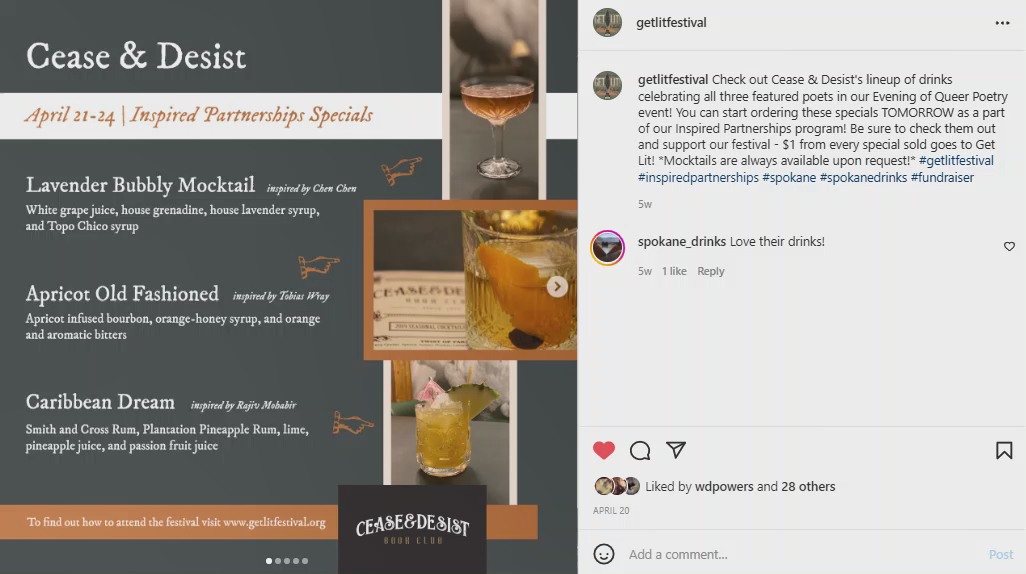 Instagram post for Get Lit!'s Inspired Partnerships program, featuring specials from Cease and Desist Book Club restaruant