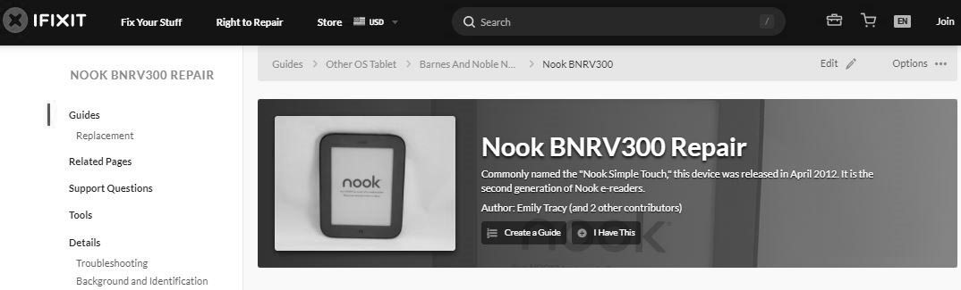 screenshot of iFixit NookBNRV300 device repair guide webpage