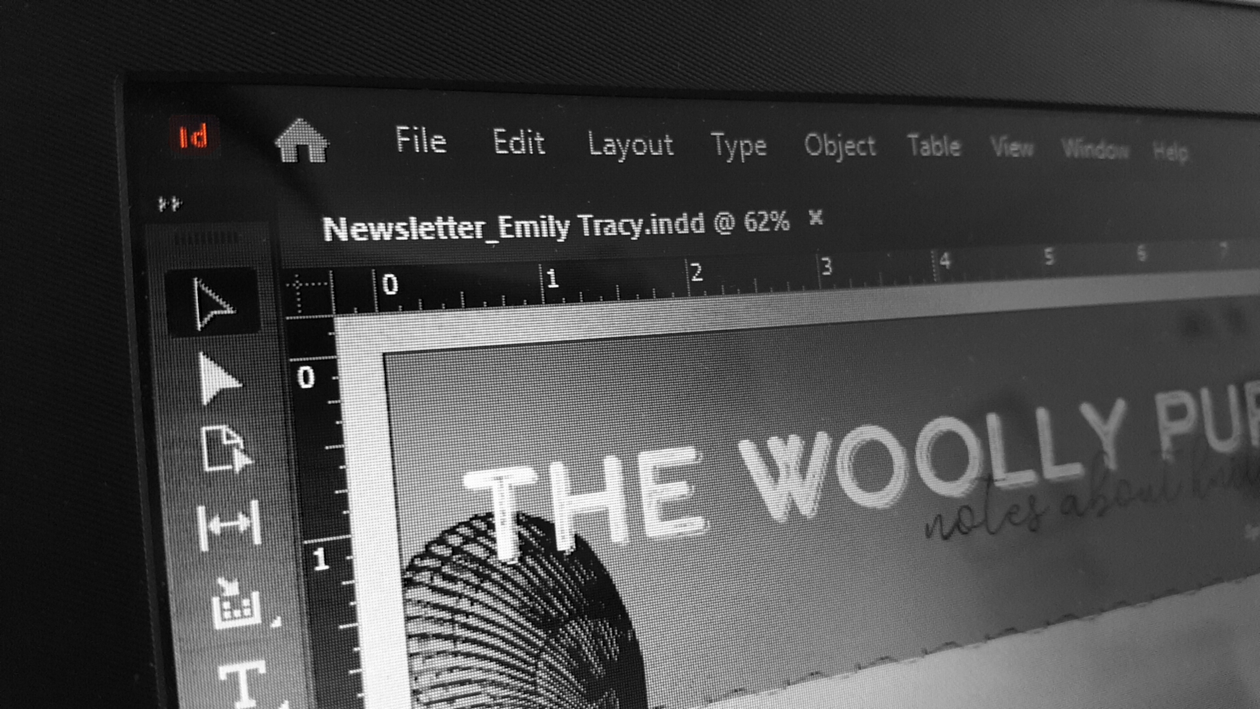 black and white computer screen with the newsletter document open in Adobe InDesign