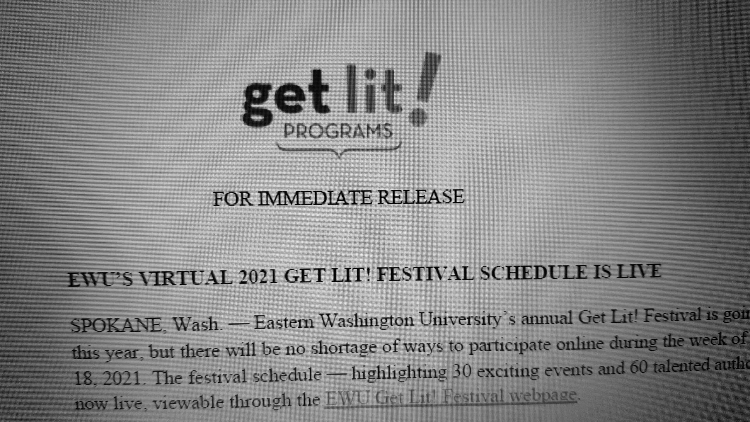black and white picture of a computer screen with the 'get lit! organization's logo, referencing the press release