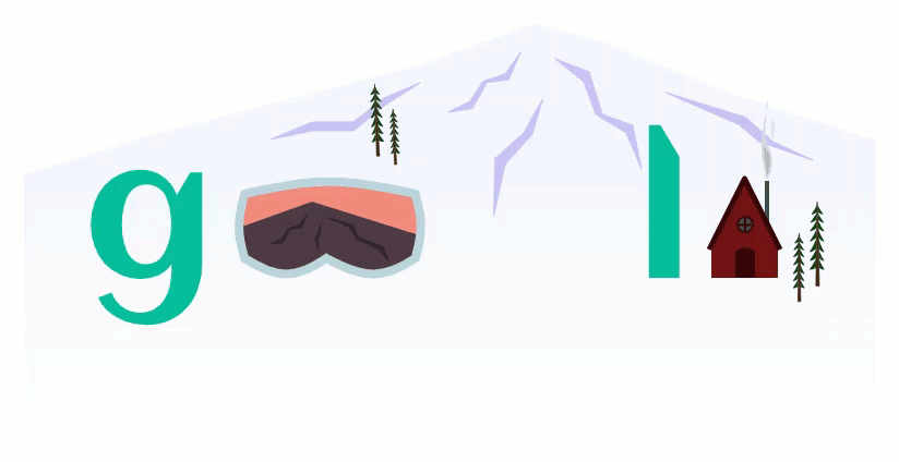 SVG art of the word Google, with the letters oo made out of skiing-related objects: the o's are a pair of goggles, the g is a ski path and skier, and the e is a ski chalet.